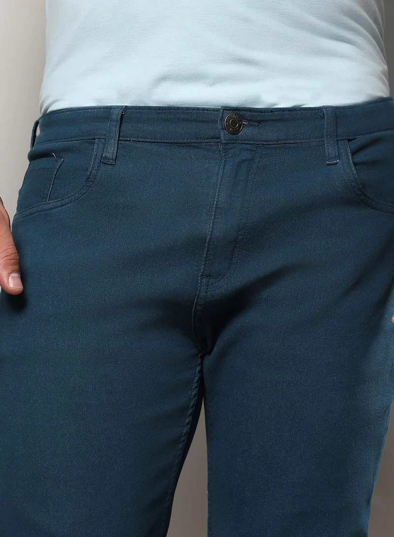 Instafab Plus Instafab Plus Men's Prussian Blue Rolled Hem Denim Jeans For Casual Wear | Dark-Wash | 5 Pockets | Button Closure | Denim Jeans Crafted With Comfort Fit For Everyday Wear