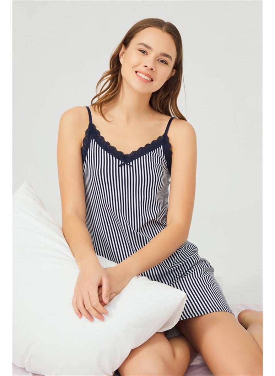COTTONHILL Navy Blue White Striped Thin Strapped Cotton Women's Nightgown  - Image 3