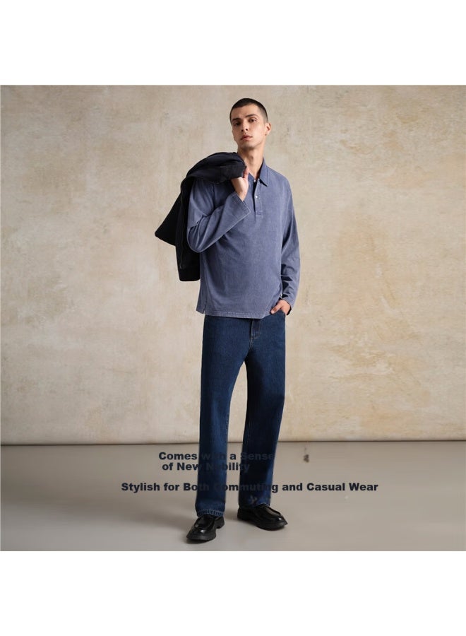 GIORDANO قميص بولو بأكمام طويلة من جيوردانو للرجال، جديد، قطن نقي، غسول، تصميم فضفاض، قميص مزود بياقة 18015804 - Image 3