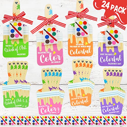 ORIENTAL CHERRY Valentines Day Gifts for Kids 24 Pack Valentine Cards with Watercolor Paint Bulk Valentines Party Favors School Classroom Exchanges Gift Sets for Boys Girls Toddlers - Image 1