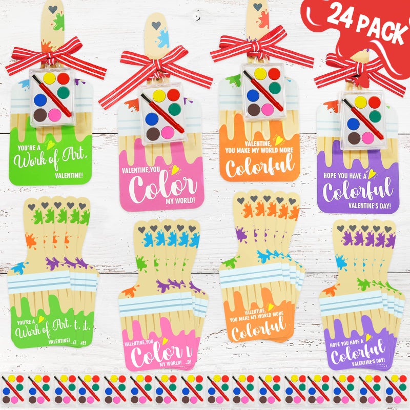 ORIENTAL CHERRY Valentines Day Gifts for Kids 24 Pack Valentine Cards with Watercolor Paint Bulk Valentines Party Favors School Classroom Exchanges Gift Sets for Boys Girls Toddlers - Image 2