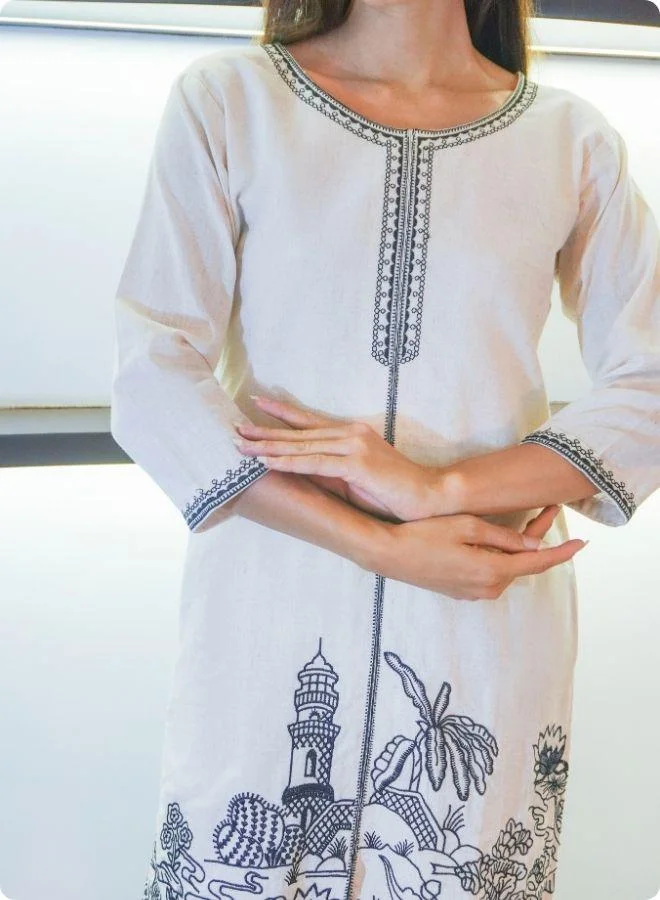 #Be Off-White & Black Embroidered Co-Ord Set with Scenic Motif