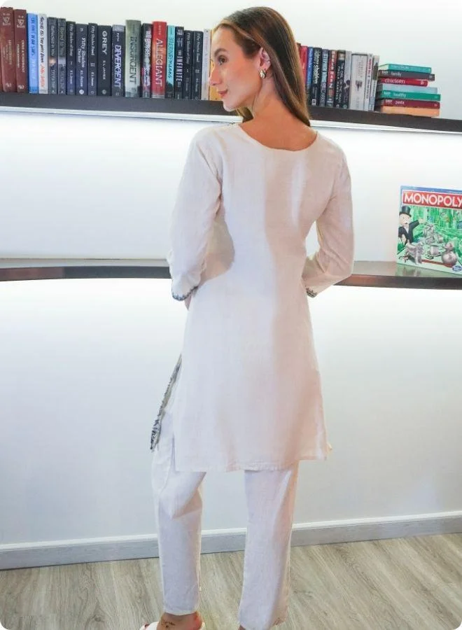 #Be Off-White & Black Embroidered Co-Ord Set with Scenic Motif