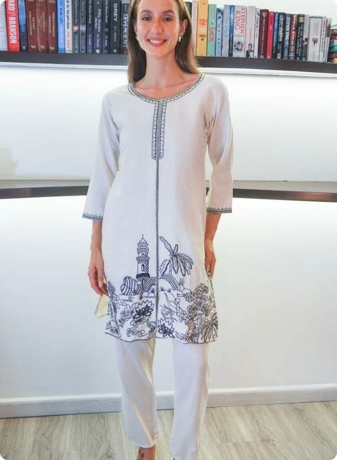 #Be Off-White & Black Embroidered Co-Ord Set with Scenic Motif