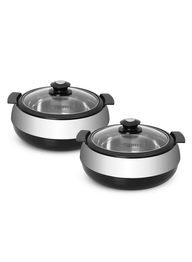Jaypee Glasserol Serving Casserole Twin Set Inner Stainless Steel Toughened Glass Lid PUF Insulated Hot Box |Roti Box| Easy to carry | Food Grade | Stackable, 1200 ml + 1200 ml, Black - Image 1