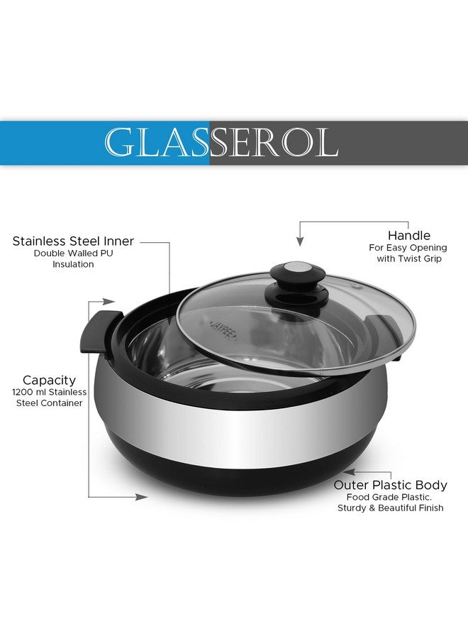 Jaypee Glasserol Serving Casserole Twin Set Inner Stainless Steel Toughened Glass Lid PUF Insulated Hot Box |Roti Box| Easy to carry | Food Grade | Stackable, 1200 ml + 1200 ml, Black - Image 3