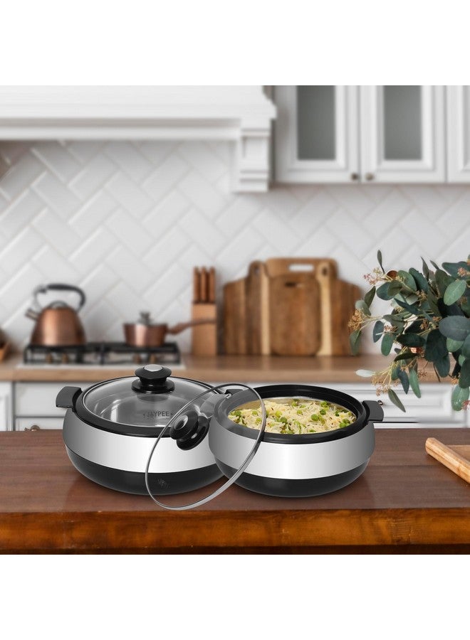 Jaypee Glasserol Serving Casserole Twin Set Inner Stainless Steel Toughened Glass Lid PUF Insulated Hot Box |Roti Box| Easy to carry | Food Grade | Stackable, 1200 ml + 1200 ml, Black - Image 2