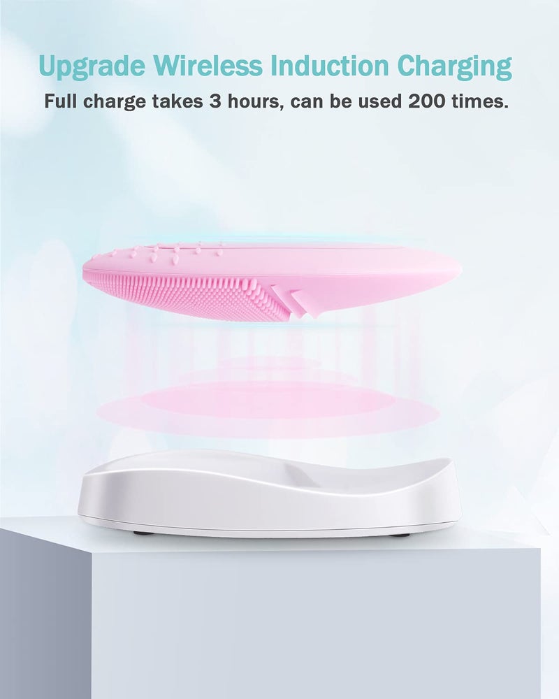 EZBASICS Facial Cleansing Brush Made with Ultra Hygienic Soft Silicone, Waterproof Sonic Vibrating Face Brush for Deep Cleansing, Gentle Massaging, Inductive Charging (Pink)1 Pack+5 Speed Settings - Image 4
