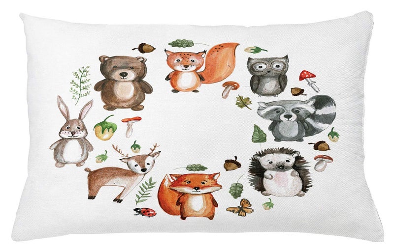 Lunarable Lunarable Woodland Throw Pillow cushion cover  Animals of The Forest with Mushrooms Acorns circular Frame cartoon Pastel colors  Decorative Rectangle Accent Pillow case  26 X 16  Pale Orange 