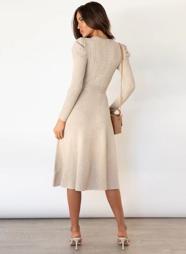 Loquat Autumn Winter New Bubble Long Sleeve Long Style High Waist Big Swing Dress  - Image 2