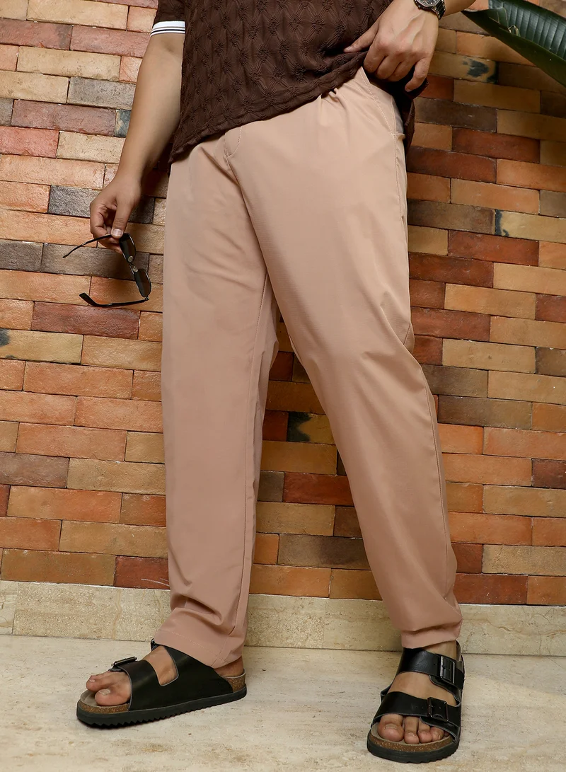 انستافاب بلس Instafab Plus Men's Desert Beige Solid Pleated Tailored Trousers | Mid-Rise , Straight Hem , Button Closure | Solid Plain Polyester Blend Material For Office & Casual Wear