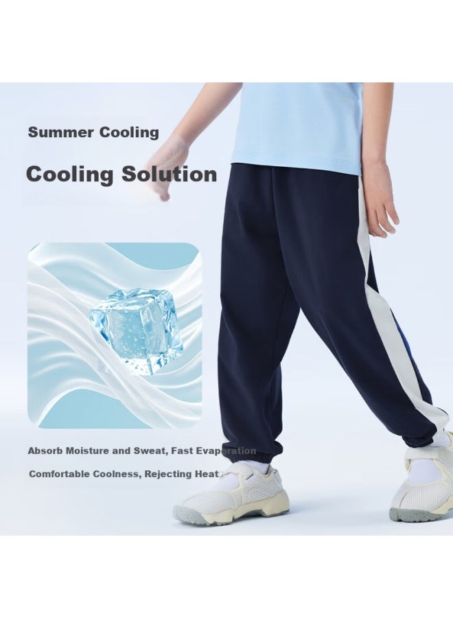Threegun Kids' Cool Feeling Ice Spring Cotton 3A Antibacterial Boys' And Girls' Single Pants Long Pants 160 Deep Hidden Blue