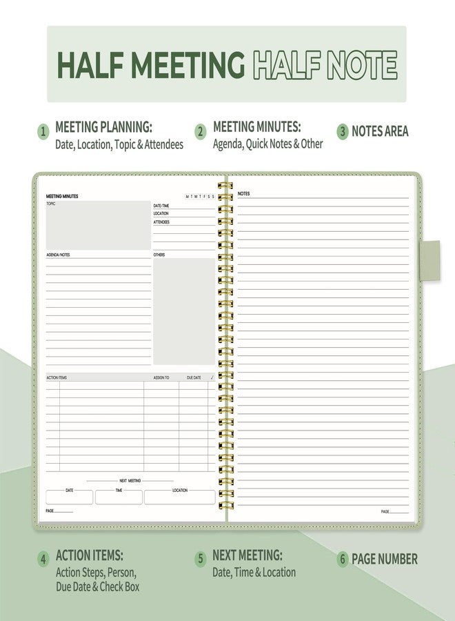 SUNEE Half Meeting Half Note - 7.5"x10" Professional Notebooks for Work - 160 Pages, B5 Size Project Planner, Spiral Meeting Agenda Organizer for Women Men, Note Taking,Office with Vegan Leather Cover - Image 2