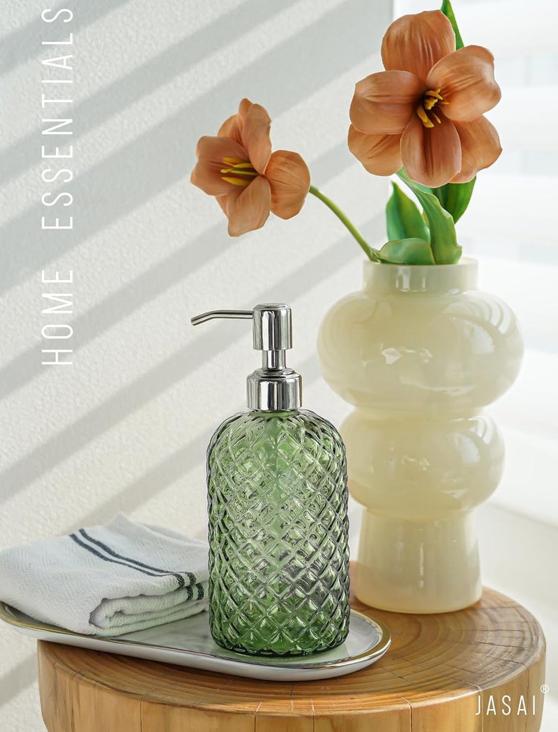 JASAI 18Oz Tea Green Soap Dispenser with Rust Proof Pump, Refillable Glass Soap Dispenser for Bathroom & Kitchen to Dispense Dish Soap, Hand soap, Lotion. - Image 5