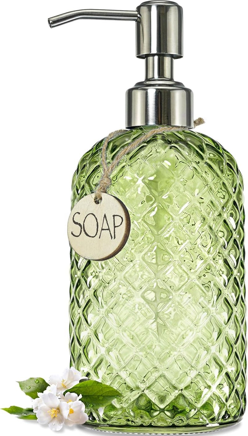 JASAI 18Oz Tea Green Soap Dispenser with Rust Proof Pump, Refillable Glass Soap Dispenser for Bathroom & Kitchen to Dispense Dish Soap, Hand soap, Lotion. - Image 1