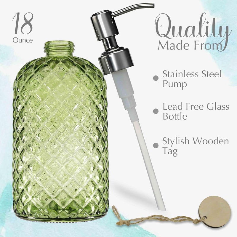 JASAI 18Oz Tea Green Soap Dispenser with Rust Proof Pump, Refillable Glass Soap Dispenser for Bathroom & Kitchen to Dispense Dish Soap, Hand soap, Lotion. - Image 2