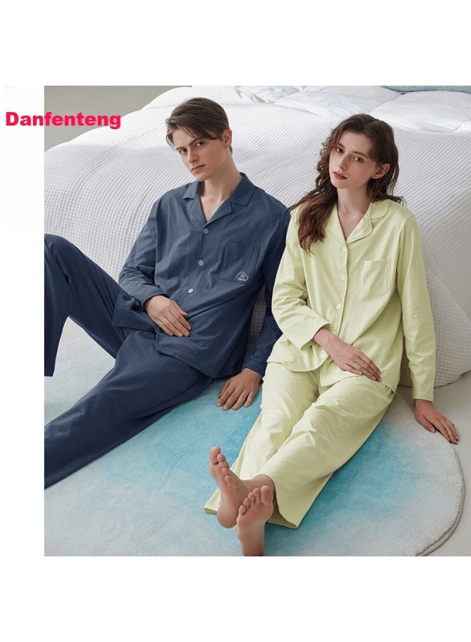 Fenton Fenteng Couples Pajamas Women's New Pure Cotton Spring And Autumn Long Sleeve Lapel Cardigan Simple Plus Size Youth Men's Homewear Set - Image 1