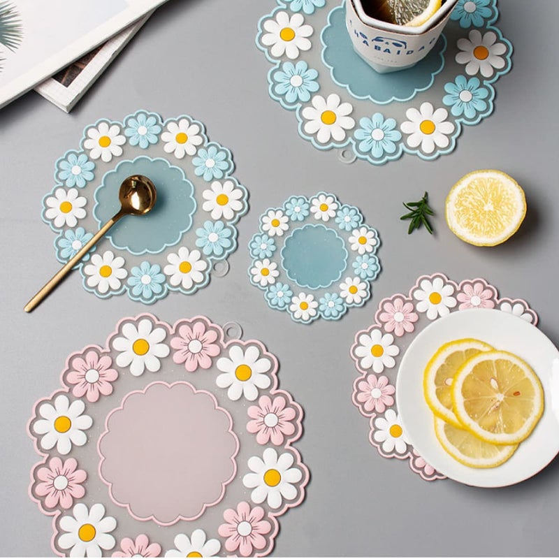 Sugalsu Silicone Placemats, Daisy Flower Shape Heat Resistant Trivets Pot Holder Mats, Cup Potholders, Pot Holders, Non-Slip Insulation Hot Pads for Kitchen (Blue-Big,Medium,Small, Set of 6) - Image 3