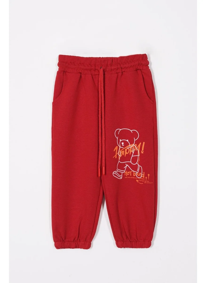 Zepkids Happy Teddy Bear Printed Red Color Boy Tracksuit Bottom