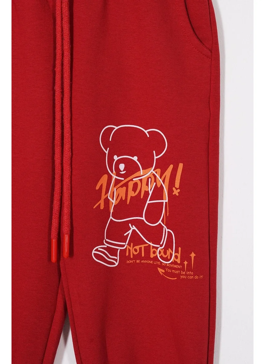Zepkids Happy Teddy Bear Printed Red Color Boy Tracksuit Bottom