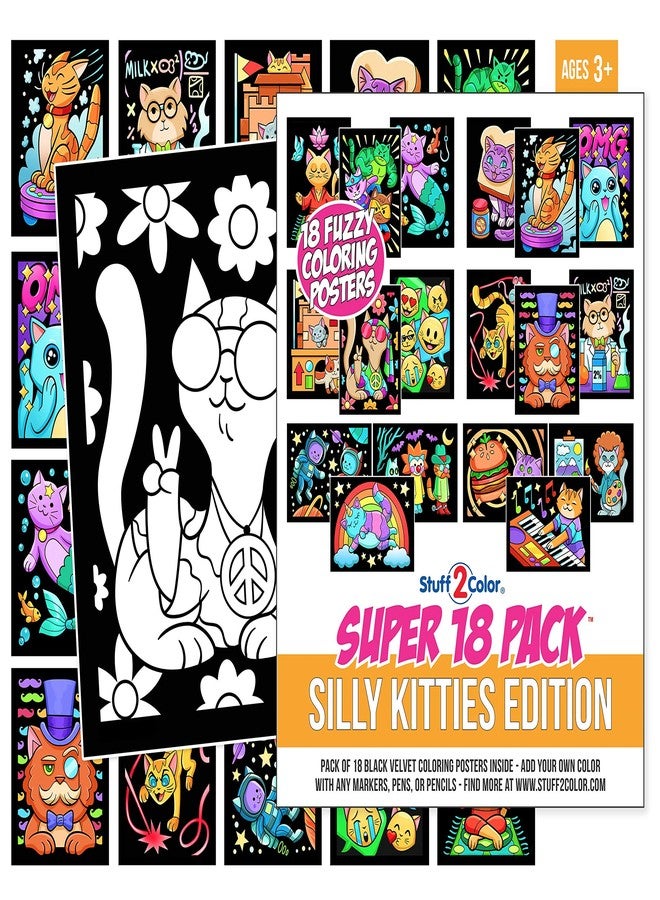 Stuff2Color Super Pack of 18 Fuzzy Coloring Posters (Silly Kitties Edition) - Arts & Crafts for Kids, Toddlers, Girls, Boys & Adults - Great for Family Fun Activities or Coloring with Friends (1 Pack) - Image 1