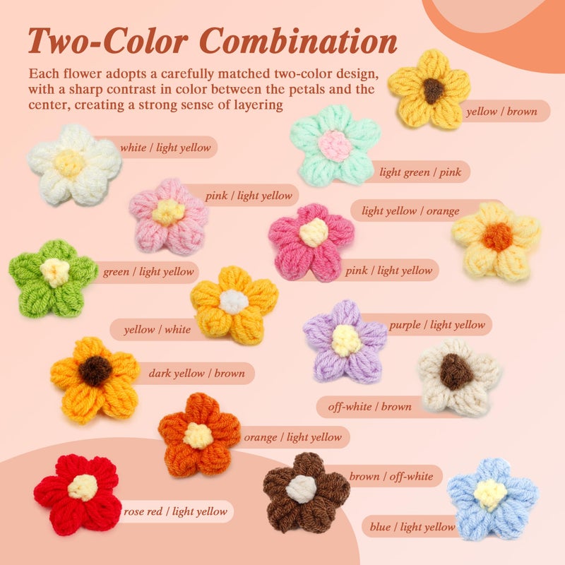 BDS-HOME 105Pcs Crochet Flowers Knitted Yarn Flower Handmade Multicolored Crocheted Floral for Crafts Embellishments DIY Hair Headbands Hats Clothing Sew/Iron On Patches Decoration (15colors) - Image 4