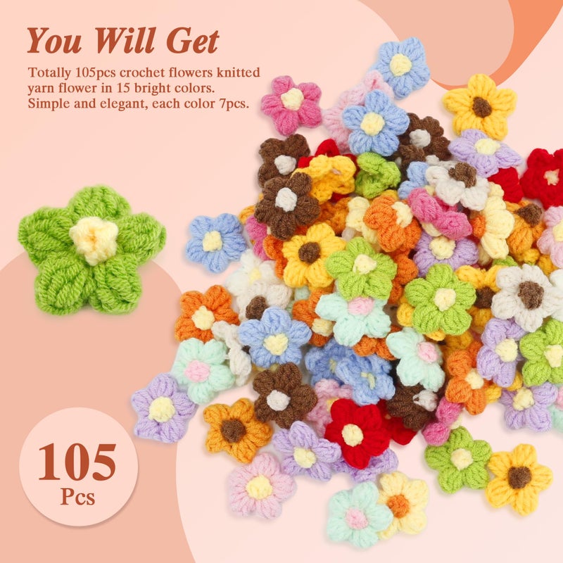 BDS-HOME 105Pcs Crochet Flowers Knitted Yarn Flower Handmade Multicolored Crocheted Floral for Crafts Embellishments DIY Hair Headbands Hats Clothing Sew/Iron On Patches Decoration (15colors) - Image 3