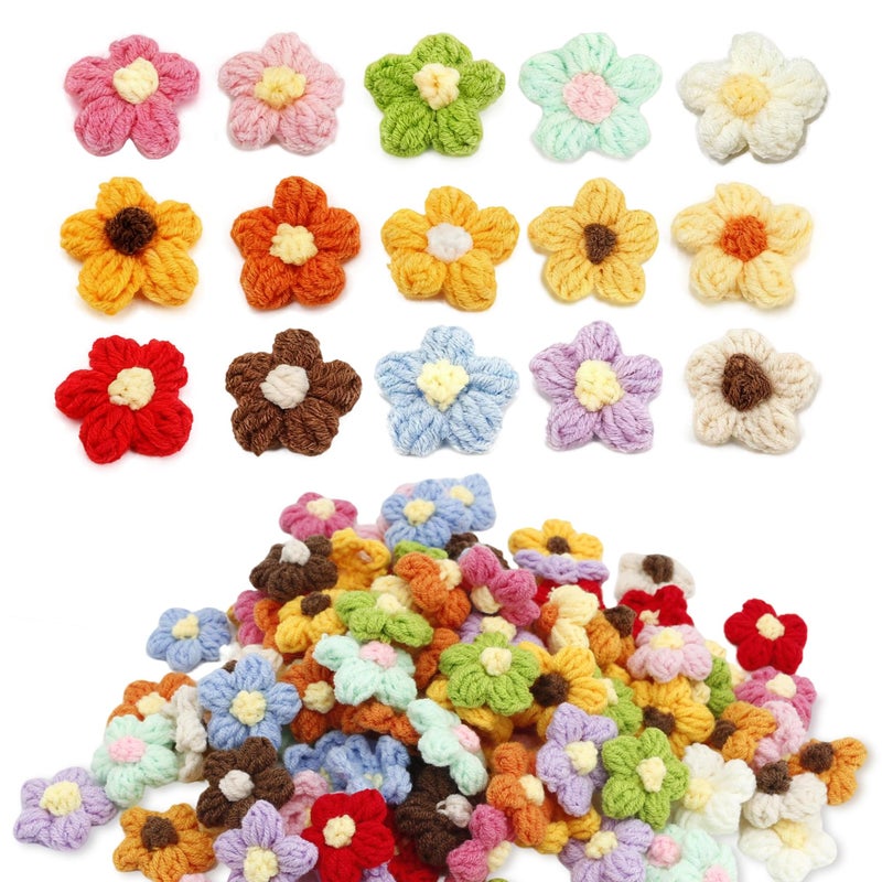 BDS-HOME 105Pcs Crochet Flowers Knitted Yarn Flower Handmade Multicolored Crocheted Floral for Crafts Embellishments DIY Hair Headbands Hats Clothing Sew/Iron On Patches Decoration (15colors) - Image 1
