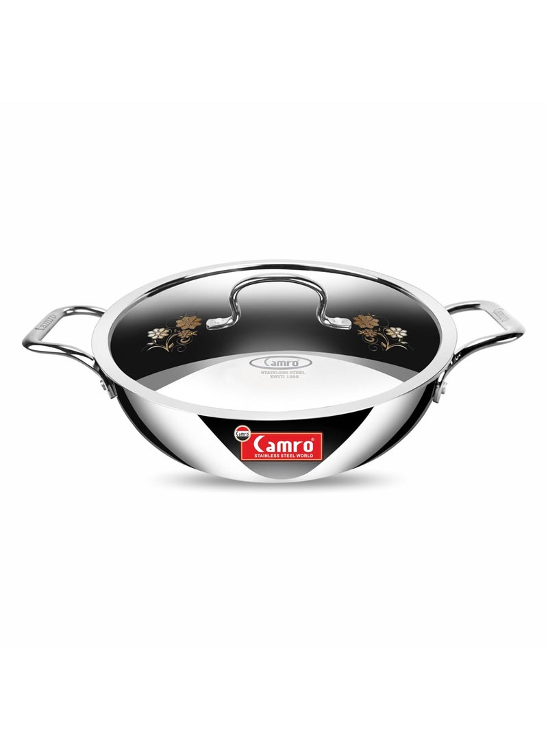 Camro Steel Camro Tripro Triply Artisian Kadhai with lid 34 cm 8 Liters Capacity Stainless Steel Lid for Curry StirFry DeepFry DryVeg Hold Handles Induction Friendly Gas Ready 6Year Warranty  - Image 1