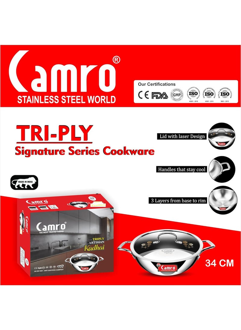 Camro Steel Camro Tripro Triply Artisian Kadhai with lid 34 cm 8 Liters Capacity Stainless Steel Lid for Curry StirFry DeepFry DryVeg Hold Handles Induction Friendly Gas Ready 6Year Warranty  - Image 5