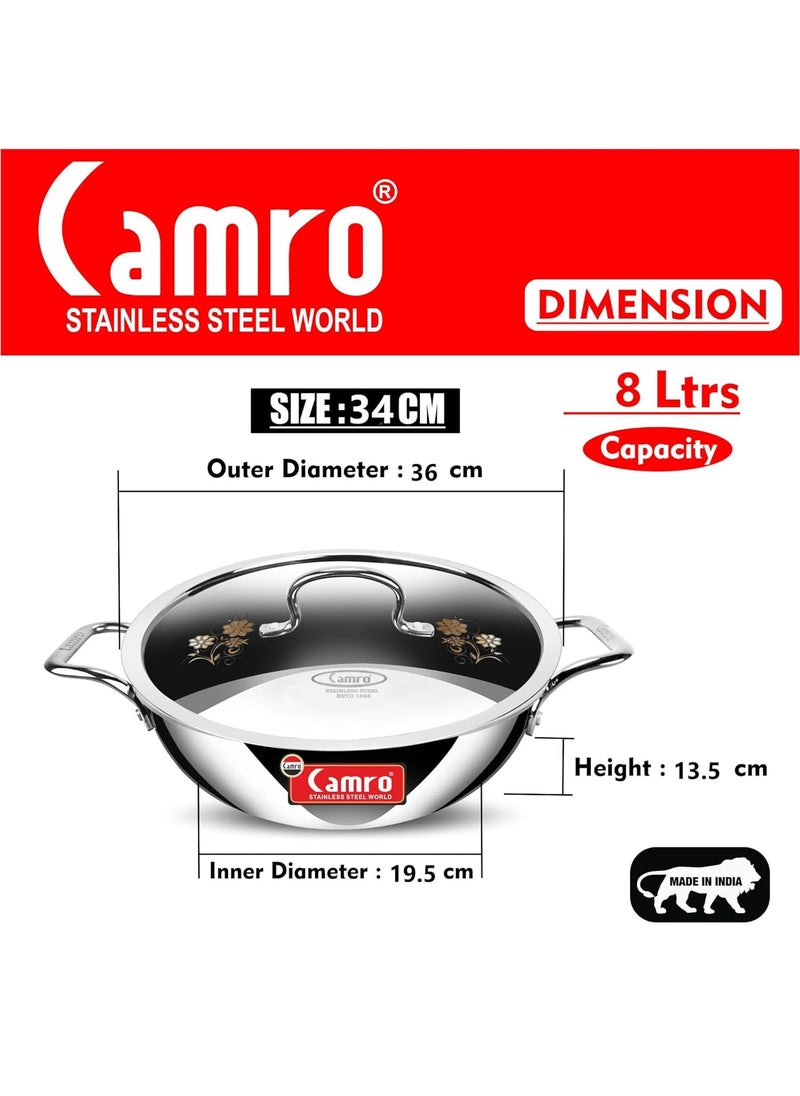 Camro Steel Camro Tripro Triply Artisian Kadhai with lid 34 cm 8 Liters Capacity Stainless Steel Lid for Curry StirFry DeepFry DryVeg Hold Handles Induction Friendly Gas Ready 6Year Warranty  - Image 2