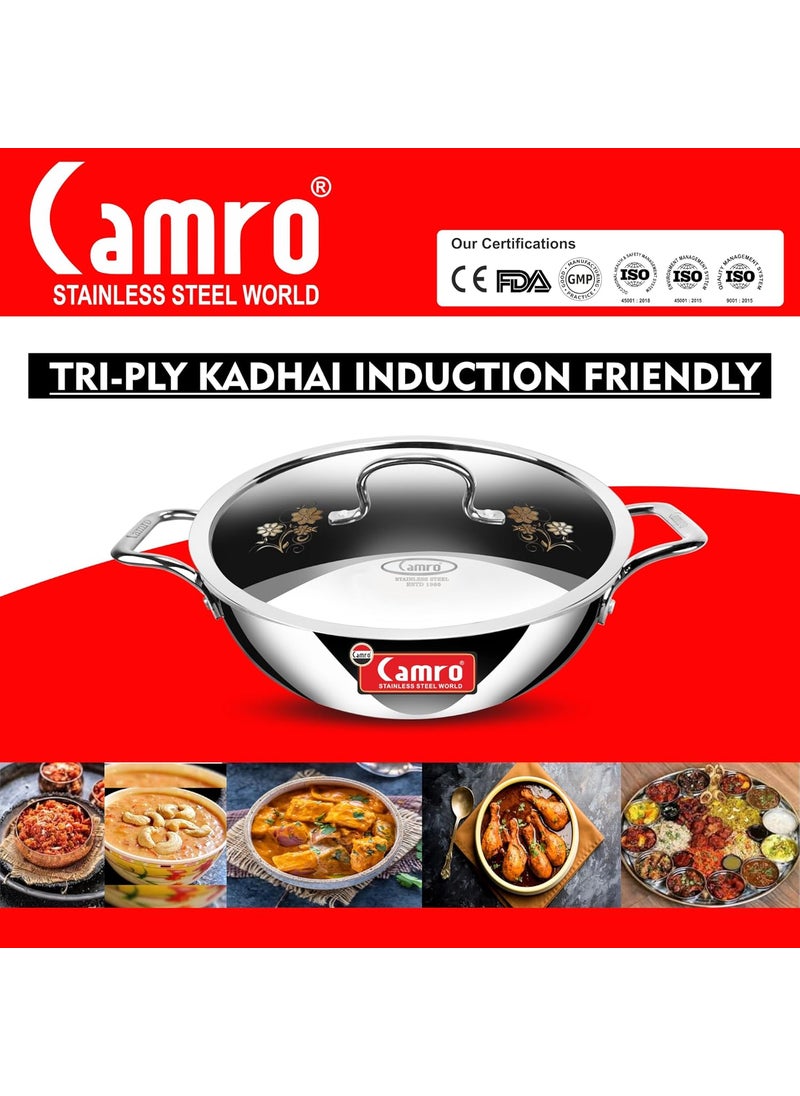 Camro Steel Camro Tripro Triply Artisian Kadhai with lid 34 cm 8 Liters Capacity Stainless Steel Lid for Curry StirFry DeepFry DryVeg Hold Handles Induction Friendly Gas Ready 6Year Warranty  - Image 4