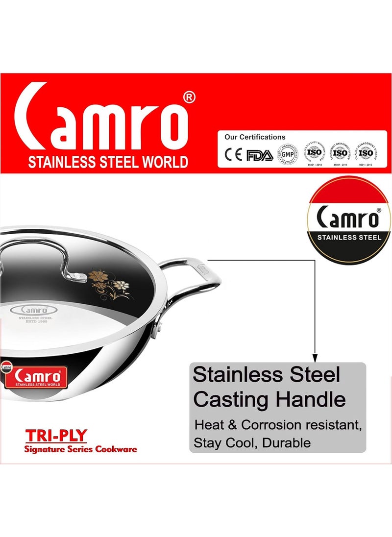 Camro Steel Camro Tripro Triply Artisian Kadhai with lid 34 cm 8 Liters Capacity Stainless Steel Lid for Curry StirFry DeepFry DryVeg Hold Handles Induction Friendly Gas Ready 6Year Warranty  - Image 3
