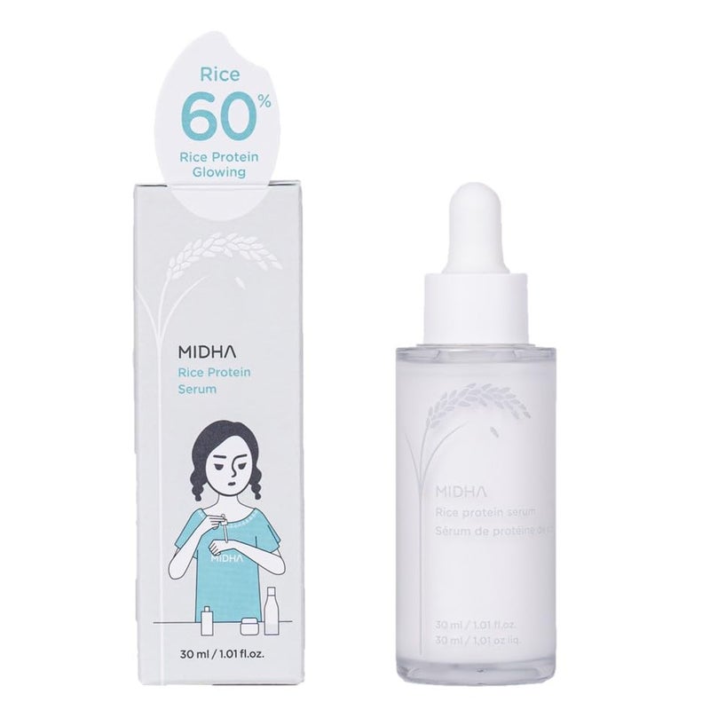 MIDHA Rice Protein Serum ideal for skincare finish fills the skin layer with full of rice proteins creates a natural and glossy glow to make elastic and supple skin vegan