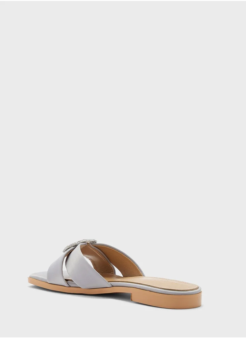 Khizana Encrusted Buckle Satin Flat Sandal