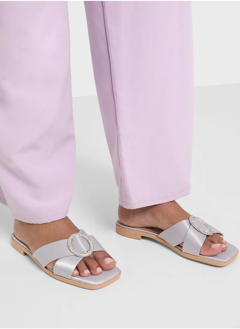 Khizana Encrusted Buckle Satin Flat Sandal