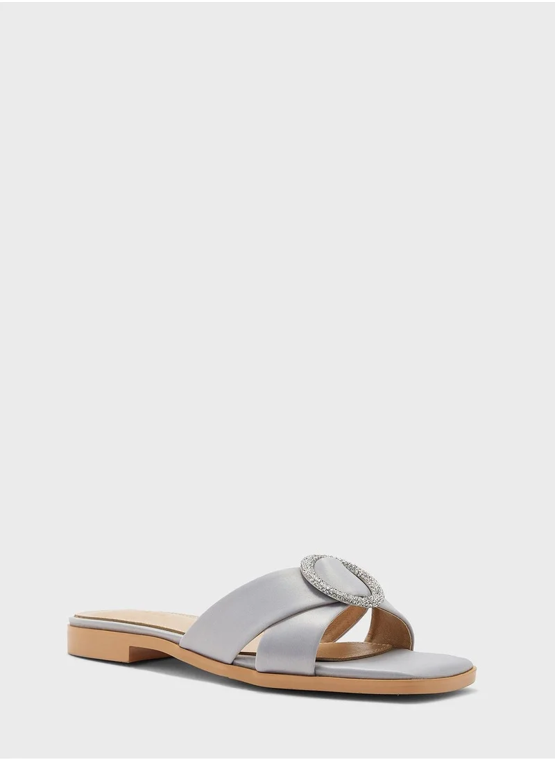 Khizana Encrusted Buckle Satin Flat Sandal