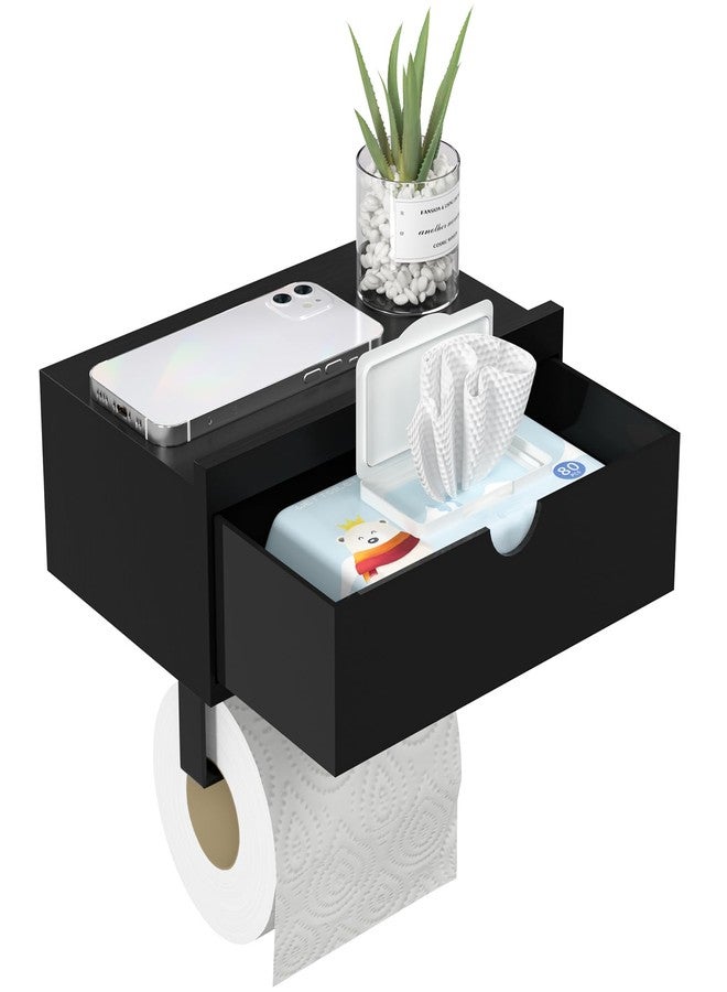 Domax Black Toilet Paper Holder with Shelf,Wall Mount/Adhesive Bathroom Toilet Paper Holder,Bamboo Wood Tissue Toilet Roll Holder with Storage Drawer for Organizer Wipes,Fits Any Room, Large - Image 1