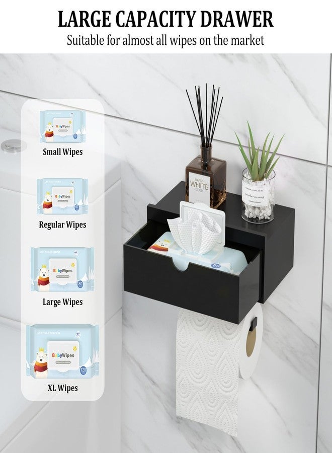 Domax Black Toilet Paper Holder with Shelf,Wall Mount/Adhesive Bathroom Toilet Paper Holder,Bamboo Wood Tissue Toilet Roll Holder with Storage Drawer for Organizer Wipes,Fits Any Room, Large - Image 2