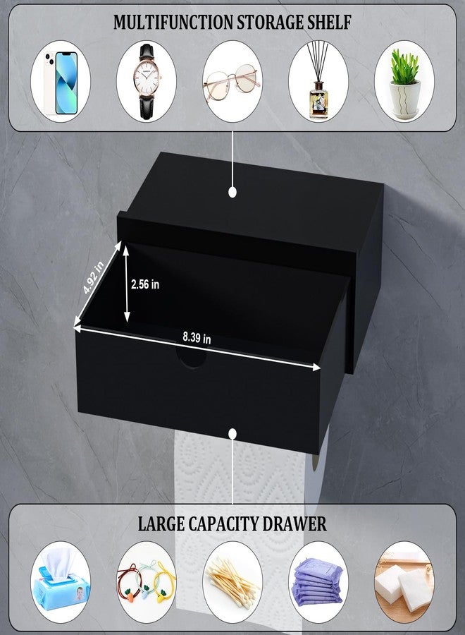 Domax Black Toilet Paper Holder with Shelf,Wall Mount/Adhesive Bathroom Toilet Paper Holder,Bamboo Wood Tissue Toilet Roll Holder with Storage Drawer for Organizer Wipes,Fits Any Room, Large - Image 4