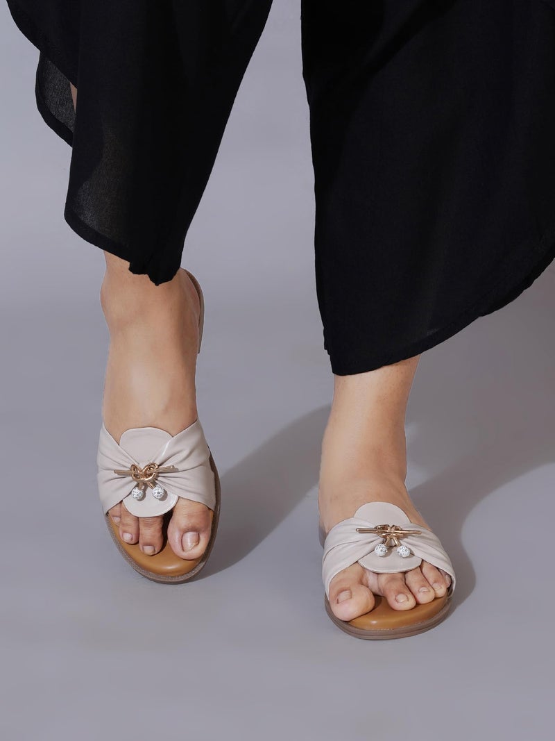 NZS Women’s Flat Slide SandalsBeige Open Toe Slip-On Flat with Cutout Strap Design ||Comfortable Summer Slides for Casual Everyday Footwear-EU38 - Image 2
