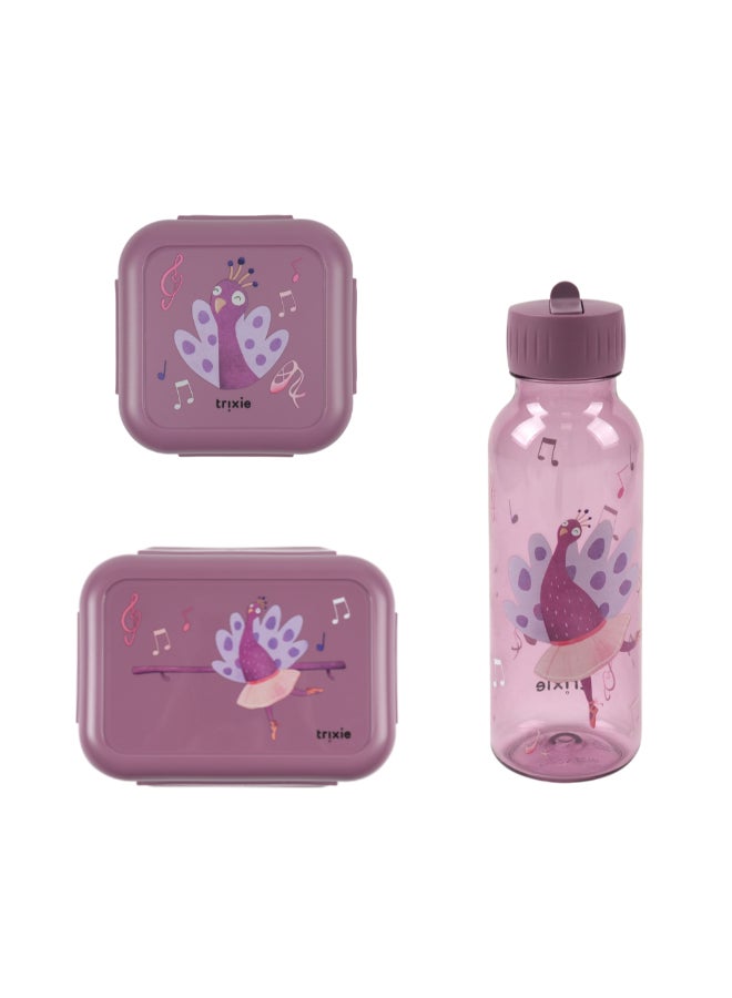 Trixie School Lunch Set of 3 - Leakproof Lunch Box With Clips + Leakproof Snack Box + 500ml Tritan Bottle - Mrs. Peacock - Image 1