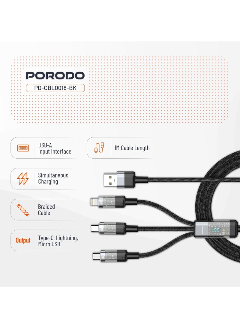 porodo - 4-IN-1 Cable with Digital-Display and Fast Charging 1m Cord USB-A to Type-C and Lightning and Micro / Simultaneous Charging / Braided Cable / Universal Capability - Black - Image 1