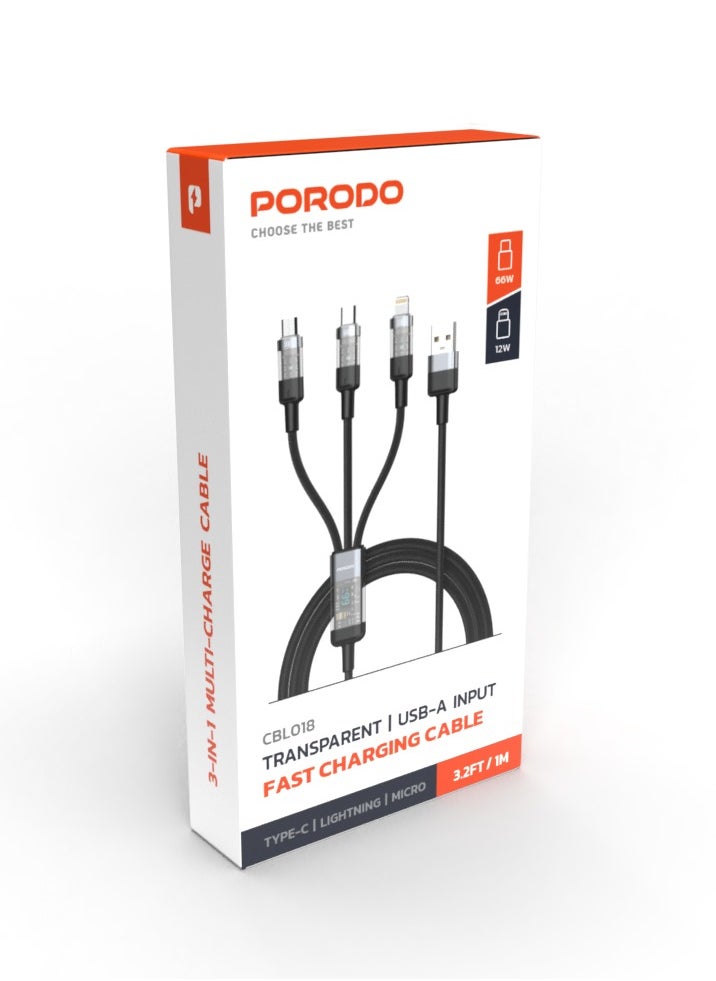porodo - 4-IN-1 Cable with Digital-Display and Fast Charging 1m Cord USB-A to Type-C and Lightning and Micro / Simultaneous Charging / Braided Cable / Universal Capability - Black - Image 1