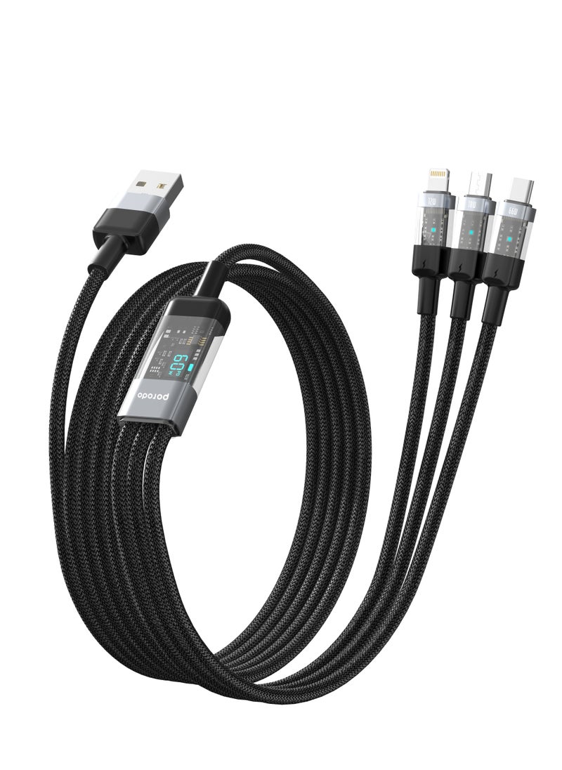porodo - 4-IN-1 Cable with Digital-Display and Fast Charging 1m Cord USB-A to Type-C and Lightning and Micro / Simultaneous Charging / Braided Cable / Universal Capability - Black - Image 1