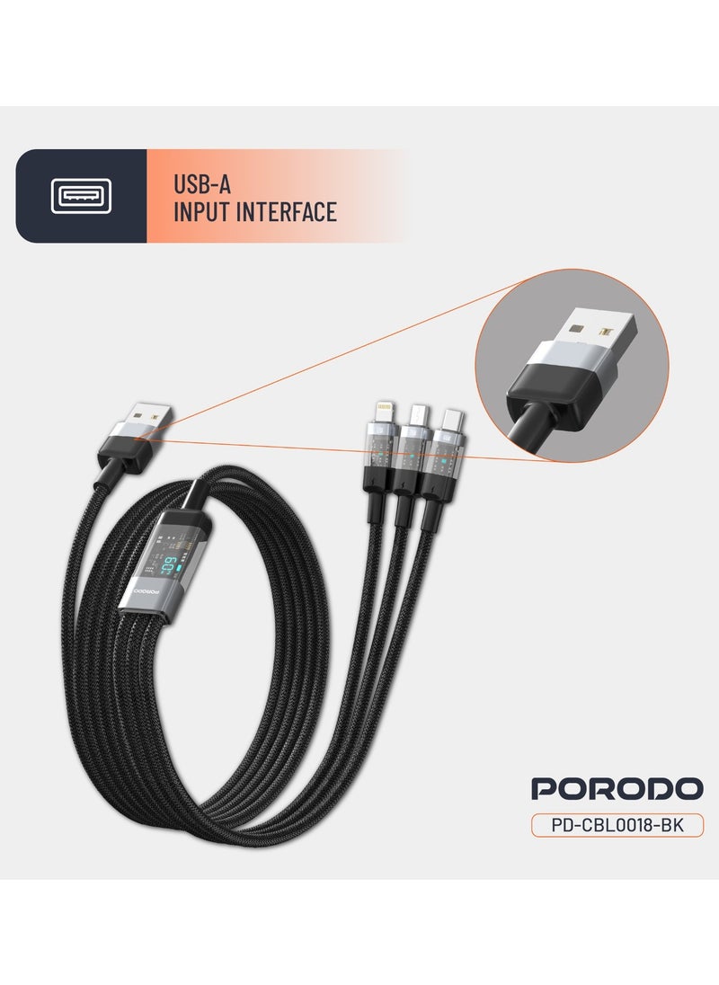 porodo - 4-IN-1 Cable with Digital-Display and Fast Charging 1m Cord USB-A to Type-C and Lightning and Micro / Simultaneous Charging / Braided Cable / Universal Capability - Black - Image 1