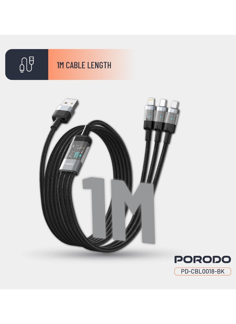 porodo - 4-IN-1 Cable with Digital-Display and Fast Charging 1m Cord USB-A to Type-C and Lightning and Micro / Simultaneous Charging / Braided Cable / Universal Capability - Black - Image 1