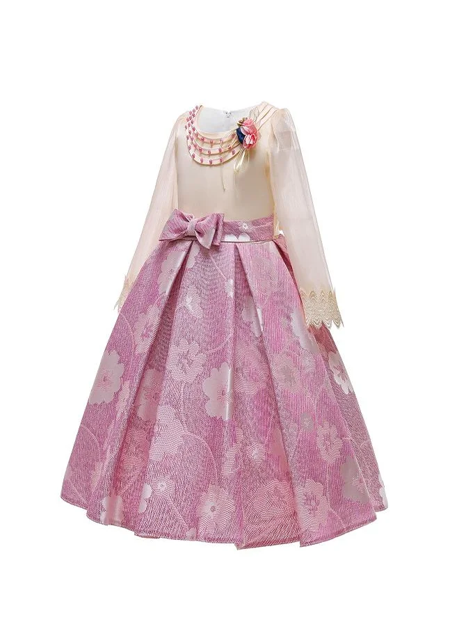 babyqlo Pink Floral Dress with Beaded Neckline for Girls