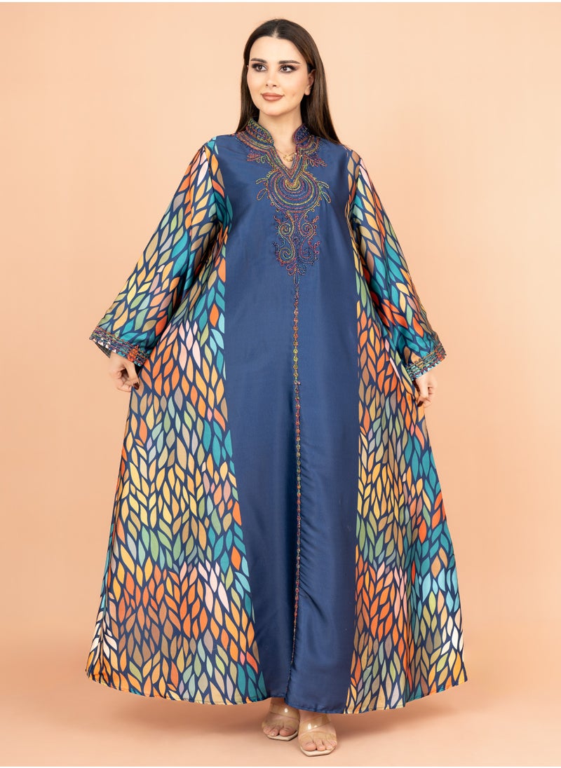 IKKXA Mandarin Collar Embroidered Jalabiya IK1013 Blue  - Image 1