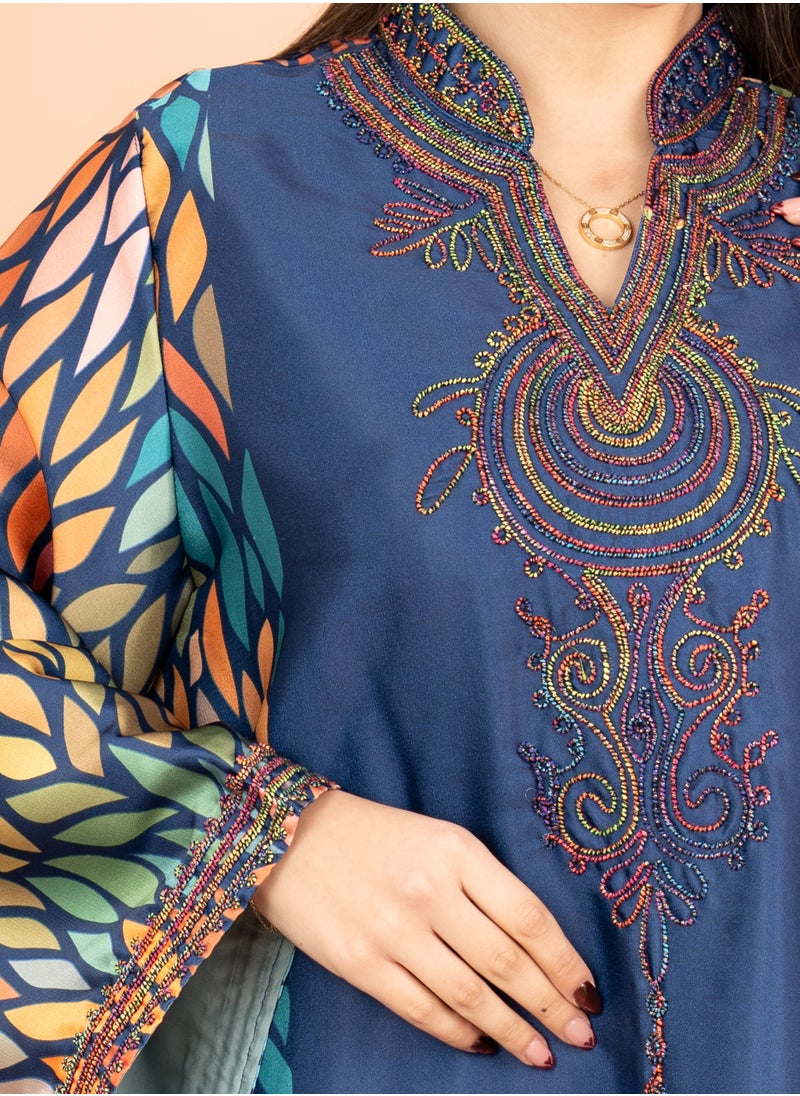 IKKXA Mandarin Collar Embroidered Jalabiya IK1013 Blue  - Image 2